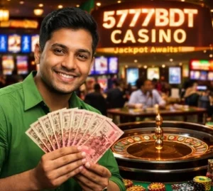 Happy player holding Bangladeshi Taka at 5777BDT Casino with roulette table and live casino background in Bangladesh