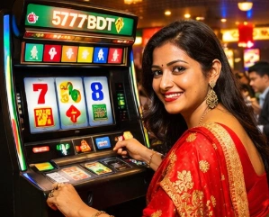 Player enjoying slot machines at 5777BDT Casino Bangladesh with colorful slot reels and real money jackpot games