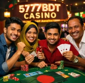 Group of players enjoying poker and table games at 5777BDT Casino Bangladesh with chips and real money betting atmosphere